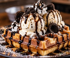 Illustrative dessert waffle topped with ice cream and chocolate